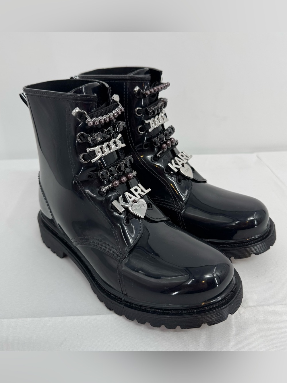 NWD KARL LAGERFELD Paris Size 7 Topanga Combat Boots Black Patent  w/Bling